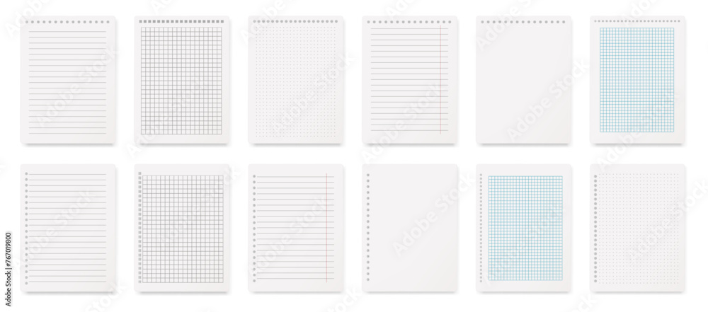 Fototapete Planner or notebook pages with lines and chequered grid for writing. Vector isolated realistic diary with spiral binder holes on top and sides. Mockup of empty blank sheets of sketchbooks