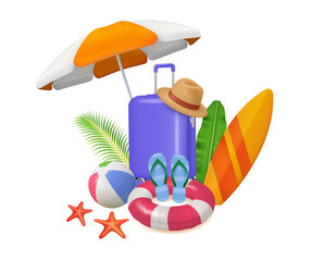 Tropical vacation, isolated summertime season items for holiday. Vector parasol protecting from sun, baggage and surfing board. Exotic plants leaves, flip flops and lifebuoy, volleyball ball