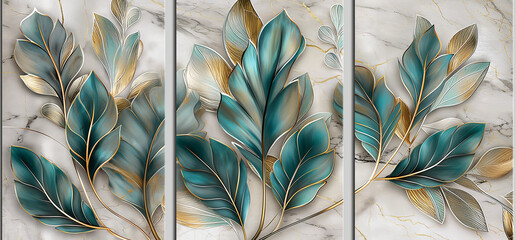 three panel wall art, marble background with feather designs	 - obrazy, fototapety, plakaty