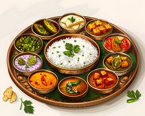 Fototapeta na wymiar a traditional Indian thali a platter showcasing an assortment of delectable and colorful dishes