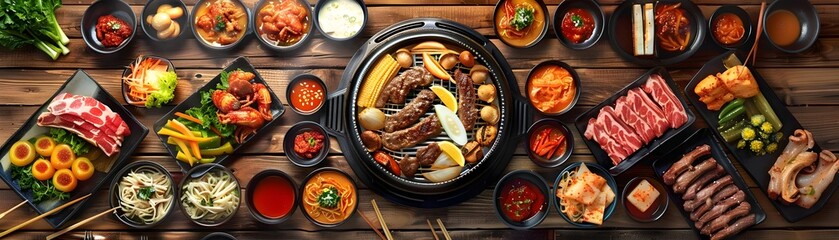 Mouthwatering Korean Barbecue Feast with Interactive Dining Experience - obrazy, fototapety, plakaty