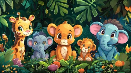 Naklejka premium Delightful Jungle Adventure with Curious Animal Friends in a Whimsical Illustrated Landscape