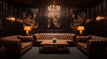 Art Deco inspired cigar lounge with deep tufted leather sofas polished oak millwork wallpaper and glass lighter chandelier. - obrazy, fototapety, plakaty