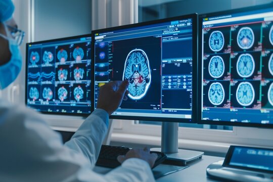 An AI-powered radiology system interpreting medical scans for precise diagnosis and treatment planning. Text: "Enhancing diagnostic accuracy with AI imaging
