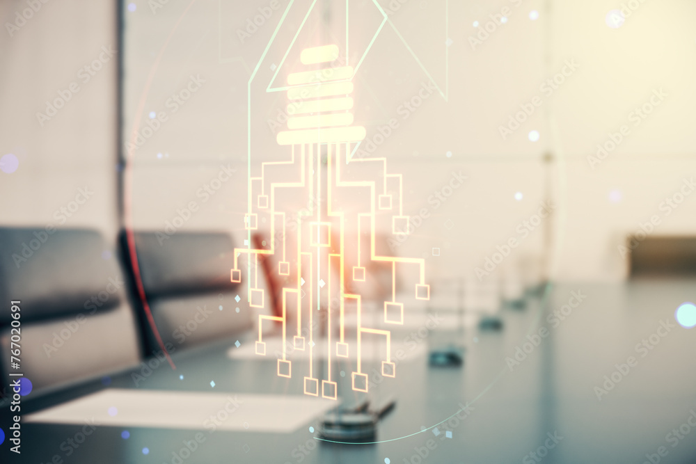 Poster virtual creative light bulb with chip hologram on a modern boardroom background, artificial intellig