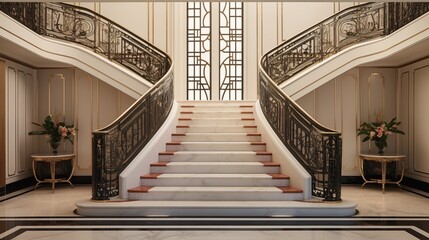 Art Deco jewel box entry with terrazzo floor patterns carved plaster moldings and ornate wrought iron railing.
