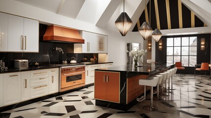 Art Deco masterpiece kitchen with geometric light fixtures terrazzo floors mirrored backsplash and streamlined cabinetry.
