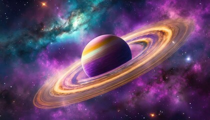 Purple galaxy with planet Saturn along with nebula