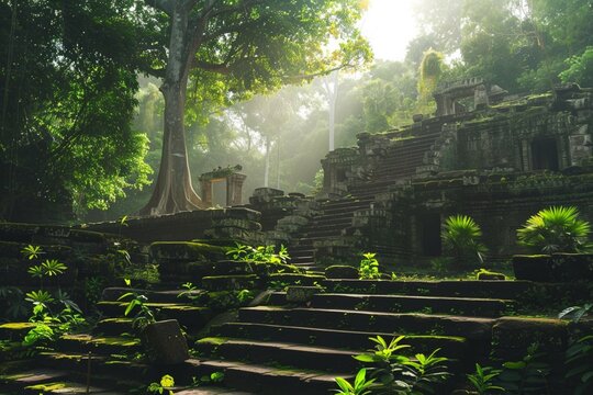 An ancient ruins site surrounded by lush greenery and bathed in warm sunlight filtering through the trees