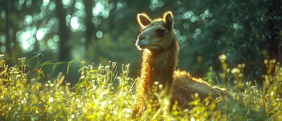 Deurstickers a llama that is sitting in the grass © Masum