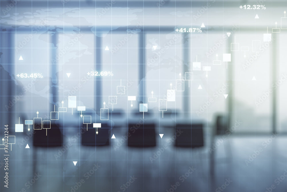 Poster multi exposure of virtual creative financial graph and world map on a modern conference room backgro