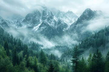 a mountain range with snow covered mountains - obrazy, fototapety, plakaty