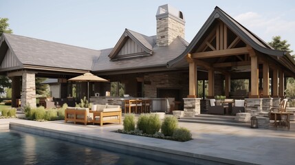 Arts & Crafts inspired pool house with natural cedar siding tapered stone columns lanai curtains and integrated stone firepit lounge.