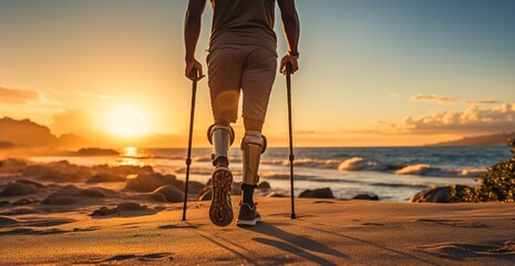 a person with prosthetic leg walking on a beach - obrazy, fototapety, plakaty