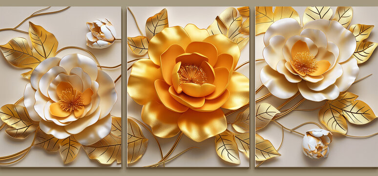 three panel wall art, marble background with orange flower panel with golden leaves
