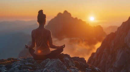 Serene middle-aged woman practicing yoga at sunrise on a mountain peak