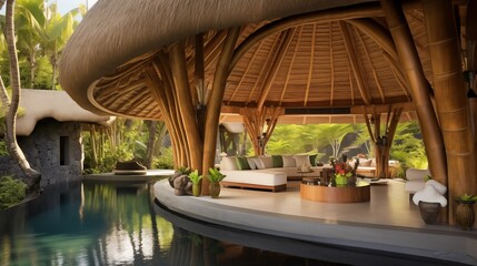 Balinese-inspired tropical outdoor pavilion with soaring thatched wood ceilings stone sculptures and infinity pool edges. - obrazy, fototapety, plakaty