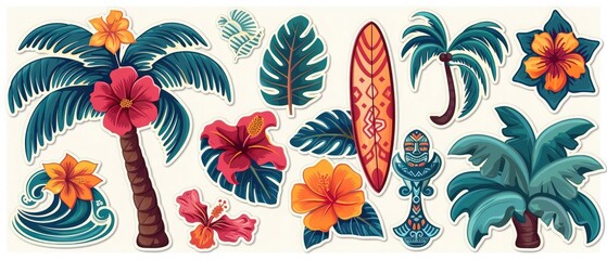 Large Set of assorted summer stickers in tropical Hawaiian style - palm tree, traditional mask, flowers on a white background