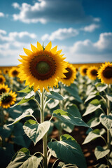 Obraz premium Sunflower field with cloudy blue sky