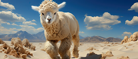 a sheep that is walking in the sand - obrazy, fototapety, plakaty