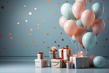 a group of presents and balloons