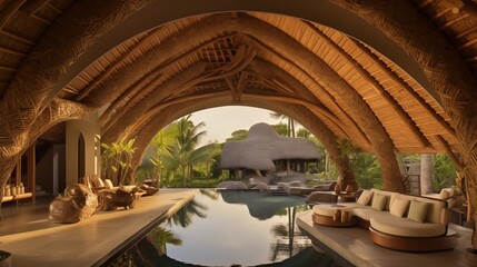 Obraz na płótnie Canvas Balinese-inspired tropical outdoor pavilion with soaring thatched wood ceilings stone sculptures and infinity pool edges.