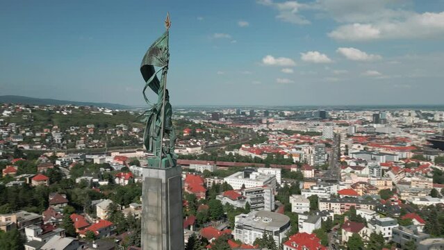 Drone Orbiting shot of Soldier monument Slavin Bratislava, Slovakia