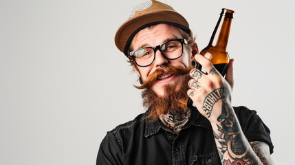 A trendy bearded individual obscuring his face with a beer bottle, putting focus on hand tattoos and the bottle