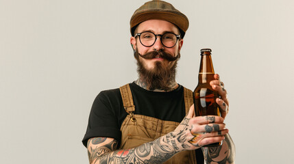 Confident tattooed man in overalls showcasing a craft beer bottle with a prominent label