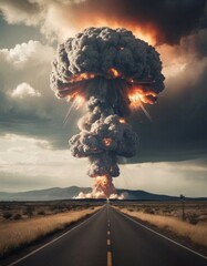 Nuclear boms. Atomic bomb explosion on landscape with copy space. Political issue,weapon,war concept