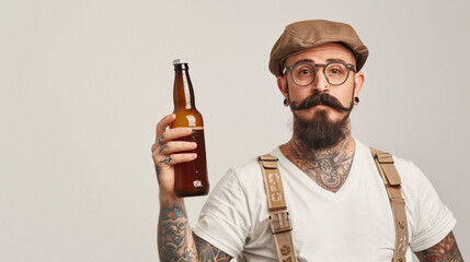 A tattooed man wearing glasses and a tank top holds up a craft beer bottle, showcasing it against a neutral background