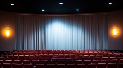 Empty movie theater with a white screen and small lamps with dimmed lights on the right and left walls --no people 