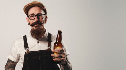 A man donning a newsboy cap and apron with tattoos on his arms confidently holds a beer bottle, against a neutral backdrop