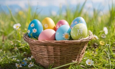 Fototapeta na wymiar Colorful painted Easter eggs in basket in fresh green grass . Easter decoration, banner