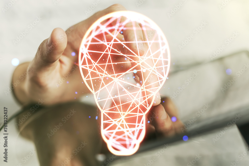 Poster creative light bulb hologram and hand working with a digital tablet on background, idea concept. mul