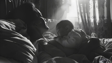 Cinematic photograph of a mother holding baby sleeping in bed . Mother's Day.