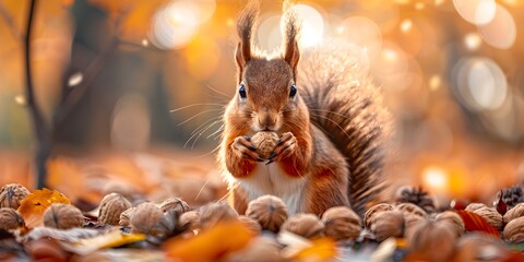 Cheerful Squirrel Gathering Nuts for the Approaching Winter Season with Joy and - obrazy, fototapety, plakaty