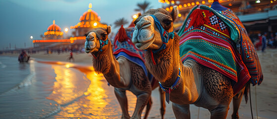 a two camels that are standing on the beach - obrazy, fototapety, plakaty
