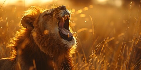 Majestic lion roaring in the golden savannah showcasing its power and pride in the wild