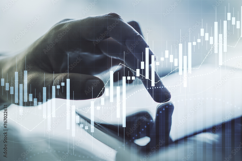 Poster multi exposure of abstract financial diagram and hand working with a digital tablet on background, b