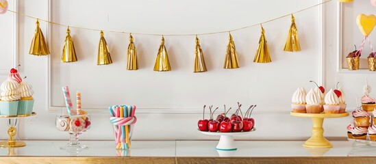 Frame with a gold border displayed against a white wall. Hanging from it are gold tassels and a candy bar, next to desserts like ice cream, cupcakes, and cherries. - obrazy, fototapety, plakaty