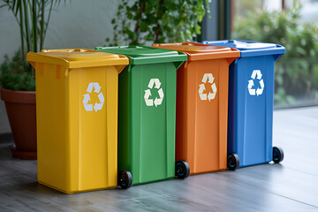 Colorful recycling bins with recycling symbols, facilitating garbage sorting