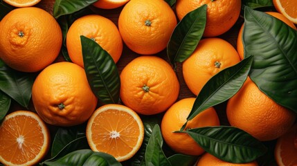 Fresh oranges with vibrant green leaves