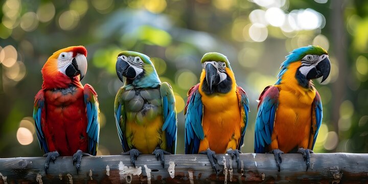 Colorful Parrots Sharing Stories on Tree Branch Captivating Tropical Bird Wildlife Photography