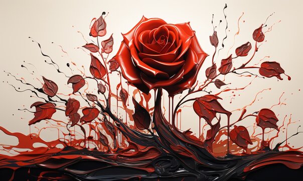 a red rose with black leaves and red paint