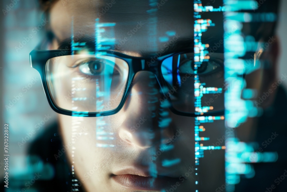 Poster frontal portrait of an asian male data analyst wearing glasses with computer graphics reflection on 