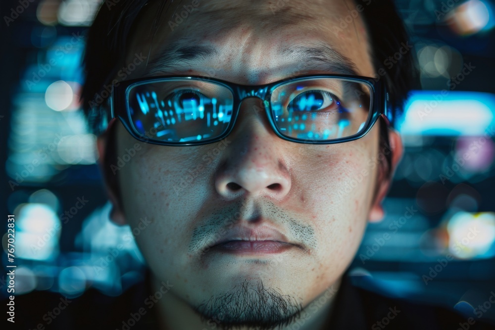 Poster frontal portrait of an asian male data analyst wearing glasses with computer graphics reflection on 