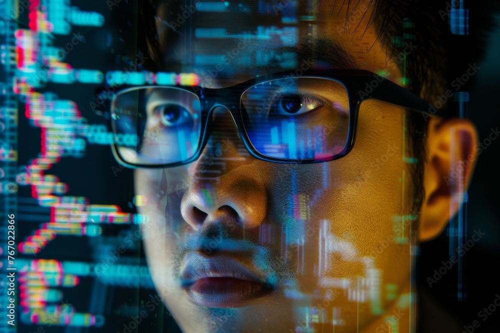 Poster frontal portrait of an asian male data analyst wearing glasses with computer graphics reflection on 