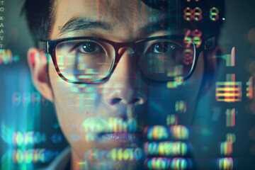 frontal portrait of an Asian male data analyst wearing glasses with computer graphics reflection on his glasses