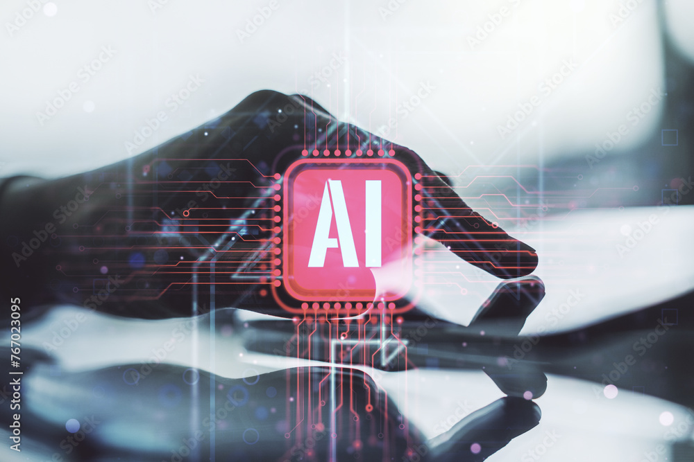 Poster creative artificial intelligence symbol concept with finger presses on a digital tablet on backgroun